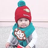 Kayiyasu ベビー帽子 キッズニット帽 子ども用キャップ マフラー付き ポンポン付き 防寒帽子 耳カバー 赤ちゃん帽子 2点セット 男女兼用 021-yezz-128(46-50cm レッド )