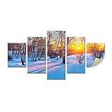 Helloアートワーク – 5ピースフォレストキャンバス壁アート雪冬木over sunset sunshine Painting画像プリントキャンバスのホームリビングルーム壁装飾 5Panel HD1