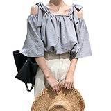 [Gergeous] ブラウス レディース 半袖 オフショルダー トップス ボートネック リボン付き 可愛い カットソー 肩出し ファッション 夏服 tシャツ ピンク(Freesizeブルー)