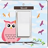 Rikki Knight " Yareli "名 – キュートピンクOwl on Branch with Personalized名Single Rockerライトスイッチプレート
