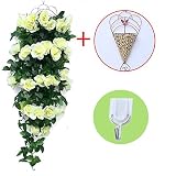 結婚式に！　造花　ローズ　薔薇　カゴ＋フック　2本セット　壁掛　人工観葉植物　インテリア　アートフラワー　フェイクグリーン　お花　可愛い　オシャレ　パーティー　イベント　室内　吊り下げ　飾り物　バラ色