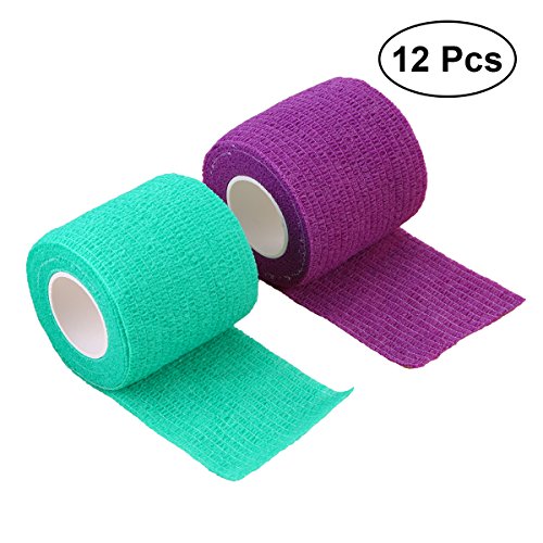 POPETPOP 猫犬動物用 ペットフレックス 粘着包帯ガーゼテープ 自着性伸縮包帯 ペットパック 爪プリント付き 快適性 通気性 12巻き入(青緑と紫)