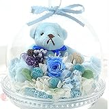 プリザーブドフラワー 花花 ぷち ガラスドーム テディベア （ バラ 3輪 ） 枯れない お花 お祝い プチギフト プレゼント 【 メッセージカード / ラッピング 無料 】 ( ブルー )