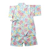 (サックス/90cm)ベビー服 女の子 甚平 くろわっさんすべべ 朝顔柄 タコ糸切替 日本製生地 サザンクロス 綿100％ 上下組セット 女児 ベビー