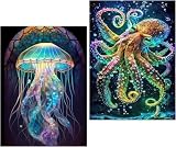 Amyaker ダイヤモンドアート キット 四角いビーズ 全面 2個セット ダイアモンドビーズ絵画キット DIY 手作り絵画 モザイクアート 5D モザイクアート ダイヤモンド塗装 全面貼り付けタイプ 30x40cm クラゲ タコ