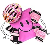 J@G 子供用 自転車用 ヘルメット ヒジ ヒザ 手首 プロテクター セット ナップサック付き 超軽量 可愛い (Mｻｲｽﾞピンク（フラワー1(SET)）)