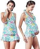 Sweet Mommy マタニティ 水着 ソフトパッド付 3点セット トロピカル柄 タンキニ ショートパンツ スカート ホルターネック 花柄 スイムウェア 夏 産前産後 M ブルー