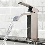 Single Handle Waterfall Bathroom Vanity Sink Faucet with Extra Large Rectangular Spout, Brushed Nick