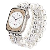 VISOOM ビーズブレスレット Apple Watchバンド 40mm/38mm/41mm Series 8 7 SE Series 6/5/4 レディース ファッション かわいい ハンドメイド ストレッチ ウォッチストラップ iWatchバンドシリーズ3/2/1交換用 パールシルバー