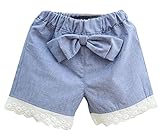 Plus Nao(プラスナオ) パンツ ベビー キッズ 女の子 ショートパンツ デニム レース 切り替え リボン カジュアル ウエストゴム ボトムス ラ LightBlue 100cm