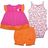 カーターズ Carter's 女の子用 ピンク 花デコ3個付きフレンチスリーブチュニック&花柄ボディースーツ&ショートパンツ上下3点セット 6months(61-67cm) 6ヶ月用 オレンジ ロンパ