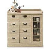 食器棚 ヴィンテージ風 リアル木目調 可動棚 ネームタグ付き 引き出し2杯 幅90cm ロータイプ キッチン収納 下段単品 オーク