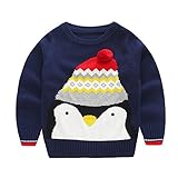PANCY 子供服 秋冬 長袖 セーター ニット 丸首 かわいい 毛玉 男の子 女の子 ペンギン(90cm,ネイビー)