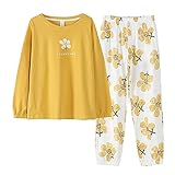 [IDOHEMO] パジャマ レディース 部屋着 ルームウェア 寝間着服 綿100% カットソー tシャツ 上下セット 春 秋 冬 黄色 M