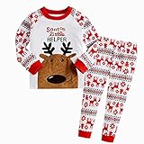 Puresinoパジャマ　キッズ　子供服 クリスマス パジャマ ルームウェア 長袖 トナカイ柄 Tシャツ上下セット 男の子 女の子 (4T, ホワイト)