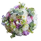Abbieホームラベンダーローズウェディングブーケ – ホワイトローズ牡丹ブライダルHolding Flower Withレース蝶ネクタイ装飾ガーデンウェディング ホワイト 617