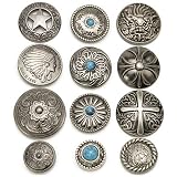 コンチョ ボタン 12個セット ねじ式 アンティーク シルバー 20mm～33mm ターコイズ 唐草 インディアン 龍 五芒星 さくら レザークラフト 財布 手芸
