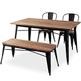 LOWYA （ロウヤ） 【 ビンテージ タイプ 】 ダイニングセット ダイニングテーブル 4点セット 天然木 スチール脚 幅140cm ベンチタイプ おしゃれ ヴィンテージブラック