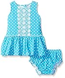 Rare Editions Baby Little Girls' Dot Drop Waist Dress with Lace Trim Turquoise/White 24 Months [並行輸入