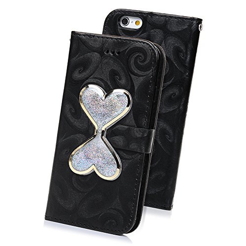 iPhone6/iPhone 6S ケース Badalink 手帳型 横置きスタンド機能 カードポケット付き 財布型 防塵耐衝撃 PUレザー キラキラ エレガント ブラック