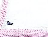 ニットかぎ針編みFinishedホワイトコットンピンクChenilleトリムベビーブランケット