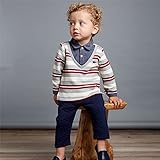 【dave&bella(デイブ・ベラ)】【秋冬/セットアップ】 レッドストライプ トップス&ボトムス　上下セットアップ ツーピース　シャツ&セーターレイヤードスタイル　90cm/100cm/110cm