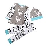 MIOIM® 子供服　メリクリスマス シャツ ズボン 帽子 長袖 3点セット鹿柄 プリント Tシャツ＆ロングパンツ セットアップ ベビー服