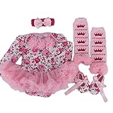 ベビー ワンピース風 ロンパース 長袖 0-3M 3-6M 6-12M 50 60 70 80 おそろいの ヘアバンド ブーティ 付き 女児 (6-12M, バラ)