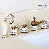 Brass 5pcs Bathroom Tub Sink Faucet with Hand Shower Deck Mounted 5 Holes Three Cross Handles Bathtu