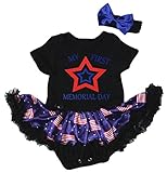 [キッズコーナー] アメリカの独立記念日 7月4日 USA Star Memorial Day ベビー服 ヘアバンド付き ワンピースドレス チュチュ (Black, 6-12 Months) [並行輸