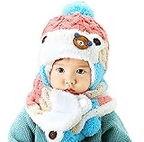 【SEBLES】ベビー服 ニット帽 耳当て マフラー セット ボンボン もこもこ 可愛い 赤ちゃん キッズ 帽子 6ヶ月-4歳(ピンク)