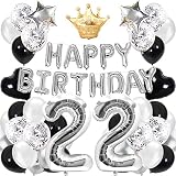 22歳 誕生日 飾り付け バルーンセット 64点 ブラック＆シルバー HAPPY BIRTHDAY バナー & 数字バルーン, 紙吹雪, 王冠付き 豪華パーティー装飾 男の子 女の子兼用