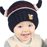 Youth Dream(ユースドリーム）可愛い牛アップリケ　キッズニット帽　角付き　ベビー　赤ちゃん用　防寒(ネイビーブルー)