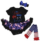 [キッズコーナー] アメリカの独立記念日 7月4日 Little Miss 4th of July ベビー服 レッグウォーマー付き ヘアバンド付き ワンピースドレス チュチュ (Black/US Fl