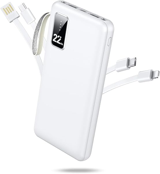 モバイルバッテリー 大容量 急速充電 【2026新設計・22800mAh大容量】 最大2.4A出力 4つのケーブル内蔵 軽量 小型 5台同時充電可 携帯充電器 LED残量表示 LEDライト付き スマホ充電器 コンパクト 持ち運び便利 機内持込可 旅行/出張/アウトドア/停電/防災緊急用 PSE認証済 iPhone/iPad/Android 全機種対応 防災グッズ モバ充電 - 1