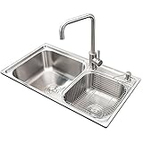 Homelava キッチンシンク 水切りカゴ付 2槽シンク #304ステンレス製流し台 910*430*210mm (蛇口なし)