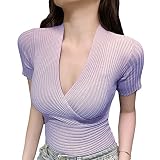 [FUPUTWO] ニット レディース セクシー 半袖 セーター リブ Vネック カシュクール 胸元 (グリーン)