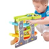 elfishjp くるくるスロープ 木製スロープ 木のくるま・汽車 滑空車 4台付属 木製玩具 知育玩具 ルーピング ビーズコースター スロープト