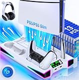PS5 Silm/PS5 縦置き スタンド3段階冷却ファン付きRGB、コントローラー充電ステーション対応、ヘッドセットホルダー付きPS5アクセサリー、3つの充電ポート