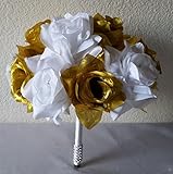ゴールドホワイトラインストーンローズブライダルウェディングブーケ&ブートニア 12" Bouquet ゴールド
