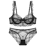 [Guoeappa] 魅力シースルーランジェリー レース ブラジャー ショーツセット セクシー パッド無し素肌に透け感 薄い 女性下着 レディース 上下セット(黒,70C)
