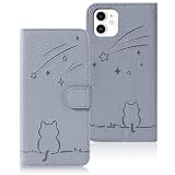 Rosbtib iPhone 12 ケース 手帳型 アイフォン12 ケース 手帳型 流れ星子猫 iPhone 12 pro ケース 手帳型 可愛い 猫柄 いphone12 ケース 財布型 耐衝撃 iphone12ケース携帯カバー カード収納 iPhone 12 スマホケース オシャレ 軽量 耐久性 スタンド機能 PUレザー 内蔵マグネット 6.1インチ対応（グレー）