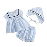 Pojour ベビーＴシャツ 夏　女の子服　かわいいストライプトップス　上下セット　ストライプショートパンツ付き　キッズお出かけ服　ガールズ海軍風セット　赤ちゃん　幼児　子供服　キッズ服　綿 70-1
