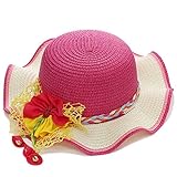 ベビー キッズ 夏 麦わら帽子 鈴付き 3D フラワー モチーフ リボン てんとう虫 コサージュ 女の子 全5色（ピンク　ブルー　レッド　イエロー　パープル） (ピンク)