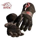 BSX ビーエスエックス グレイン ピッグスキン (豚表革) / カウハイド スプリット （牛漉き革) Stick / MIG 溶接用 グローブ フレームデザイン ブラック (S)
