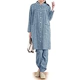 【春夏向け・綿１００％・入院準備に】授乳対応マタニティ長袖ロング丈パジャマ　　ネイビー系チェック柄　サイズ:マタニティM-L