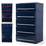 収納ケース チェスト 木天板 ハイブリッド天板 色分けプレート付 帯電処理 角丸加工 幅52 5段 ダークブルー