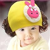 帽子 ベビー　キャップ キッズ　子供ハット かつら ウィッグ 付き 新生児 女の子 ヘアバンド ヘアアクセサリー水玉 ウサギ イエロー
