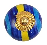 Set of 2 blue & Yellow hand painted ceramic round knobs cupboard cabinet drawer handles pulls