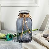 moiitee 花器 ガラス製 花瓶 水耕栽培 高さ20cm 青/灰/モーブ三つの色 透明 麻のなわ おしゃれ 居間/部屋/店頭 飾りとして大活躍 植物は付きません (灰)